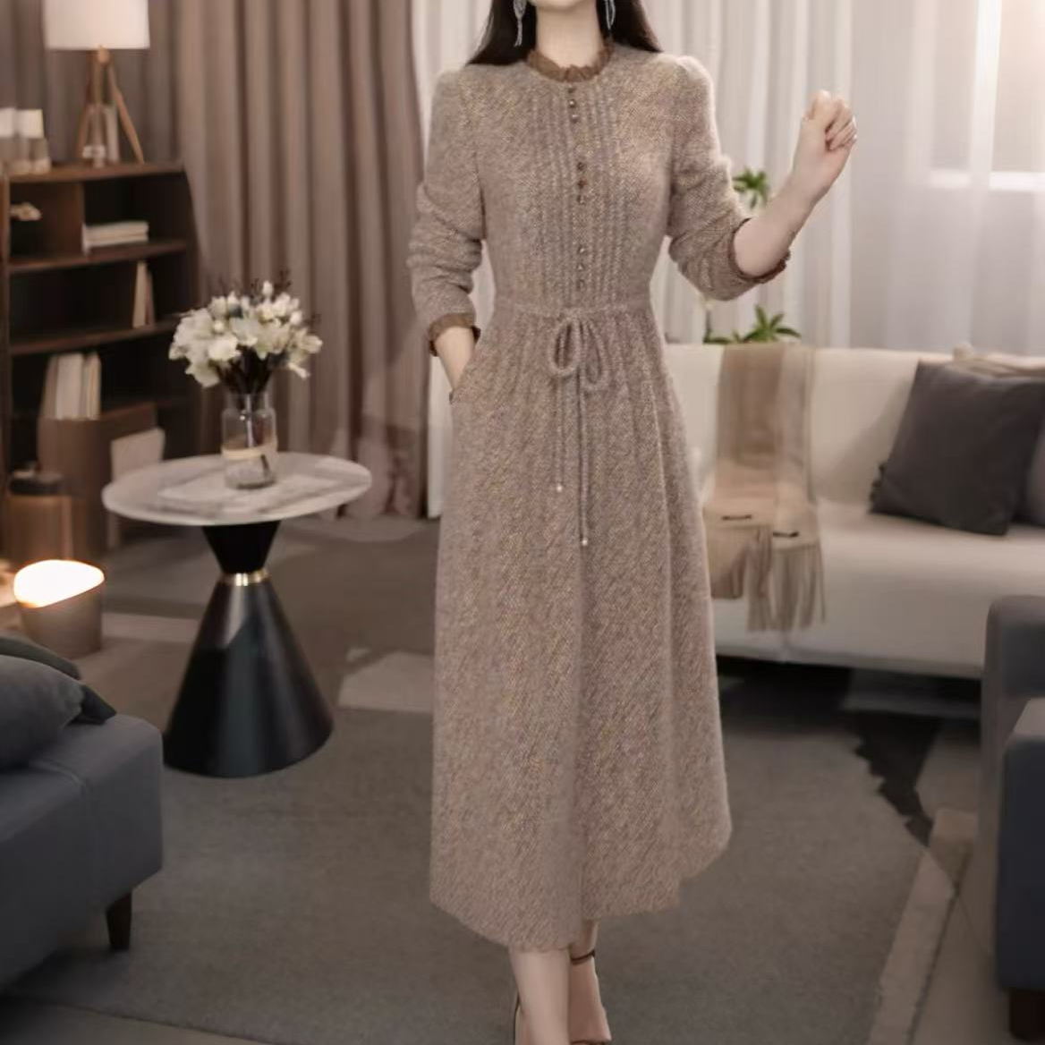 加厚雪花绒系带连衣裙