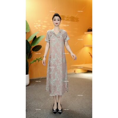 桑丝琉璃缎短袖小立领连衣裙