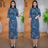 气质显瘦开叉水滴领中袖 旗袍连衣裙 2849 新款 衣雅优选 8208