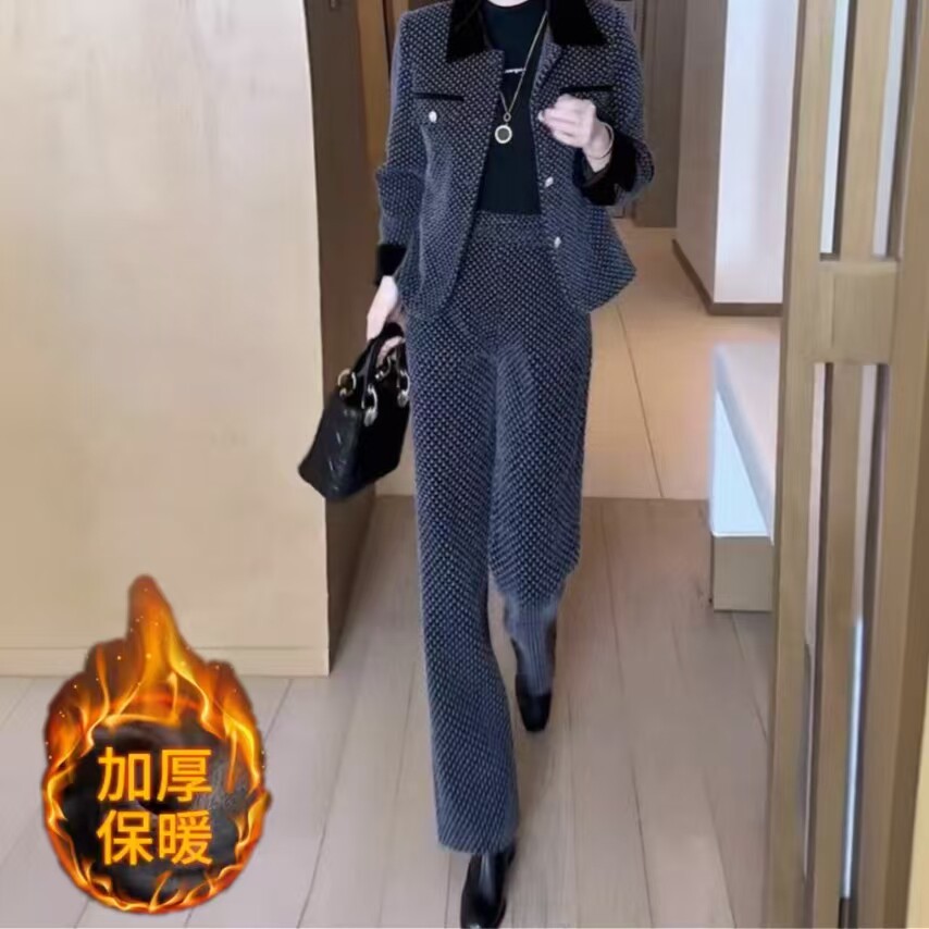 【衣雅优选】8102-1188新款加厚保暖金貂混纺小香风上衣+裤子套装