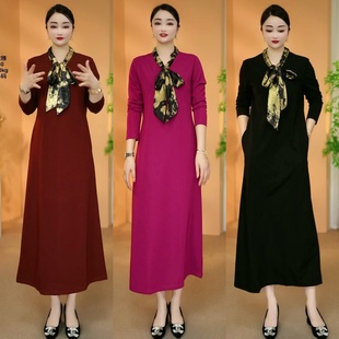 2728 8240 新款 秋冬季 围巾领连衣裙 丝巾飘带宽松大版 衣雅优选