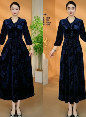 【衣雅优选】8102-2756#高定重磅植绒立体雕花中长袖系带连衣裙
