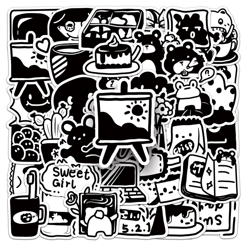 50张原创黑白卡通涂鸦贴纸Suitca