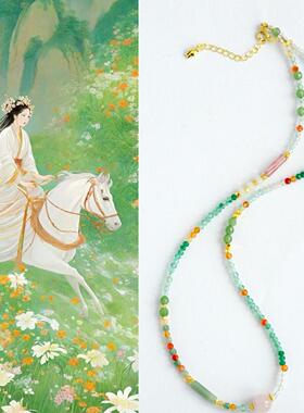 原创混搭国风项链踏花天然玛瑙