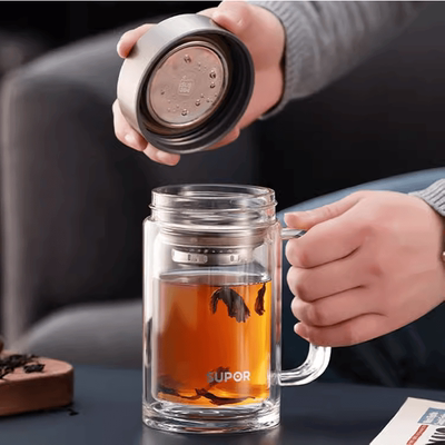 苏泊尔双层玻璃杯泡茶杯带滤网大容量办公杯450ML带手柄KC45HK10