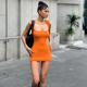 辣妹炸街橙色紧身包臀短裙2026夏季 新款 收腰显瘦包肩方领连衣裙女
