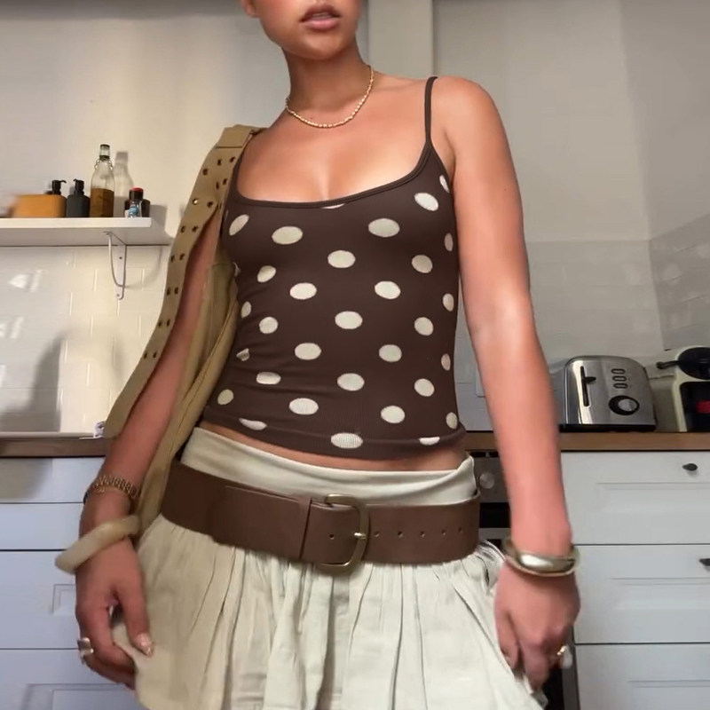 美式复古时尚波点吊带背心2026夏季新款辣妹修身显瘦短款露脐T恤,女装/女士精品,背心吊带,淘宝优惠券,粉丝福利购,淘宝优惠卷