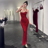 宴会高级感烫金吊带连衣裙2026夏季 新款 辣妹性感露背包臀鱼尾长裙