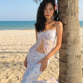 海岛度假风碎花开叉吊带背心 高腰包臀鱼尾半身裙两件套纯欲套装