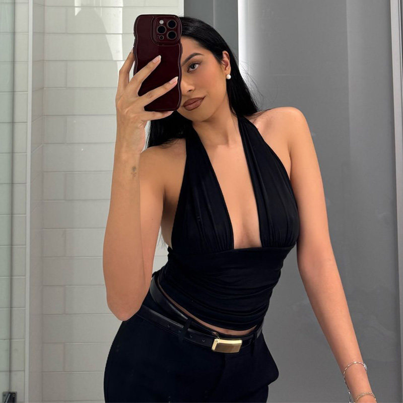 欧美ins时尚气质深V挂脖系带背心新款辣妹性感露背修身短款T恤女,女装/女士精品,背心吊带,淘宝优惠券,粉丝福利购,淘宝优惠卷