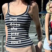 辣妹修身 亚比朋克Y2K字母印花黑灰条纹吊带背心2026夏季 新款 上衣