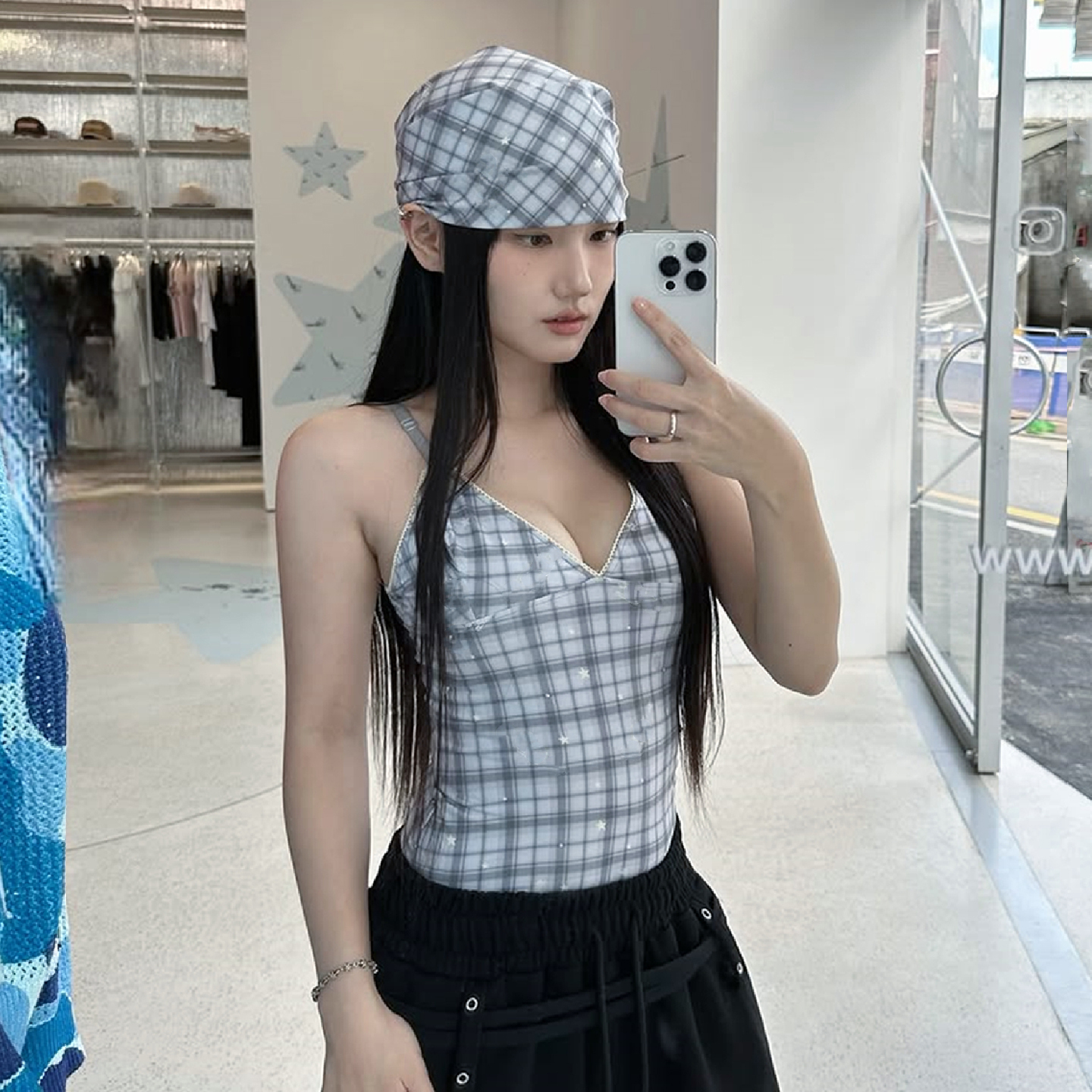 韩系灰色格纹星星印花吊带背心