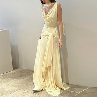 度假风网纱设计感荡领斜肩两穿无袖 长裙 连衣裙纯色高级感气质修身