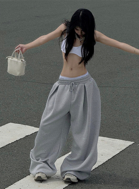 街头风印花压褶灰色卫裤2026秋季新款辣妹休闲百搭宽松显瘦长裤潮