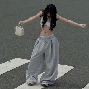 辣妹休闲百搭宽松显瘦长裤 新款 潮 2025秋季 街头风印花压褶灰色卫裤