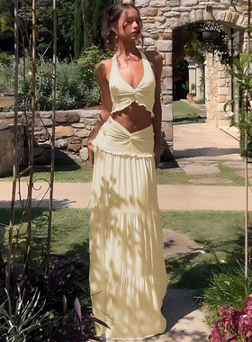 度假风纽结挂脖绑带上衣V型半身长裙两件套2026夏季新款辣妹套装