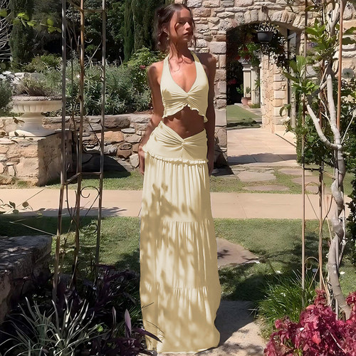 纽结挂脖绑带上衣半身长裙套装