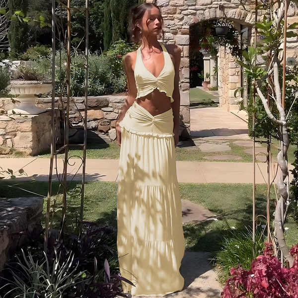 度假风纽结挂脖绑带上衣V型半身长裙两件套2025夏季 辣妹套装 新款