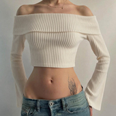 上衣2026秋季 新款 辣妹修身 纯欲风简约一字肩长袖 显瘦短款 露脐T恤