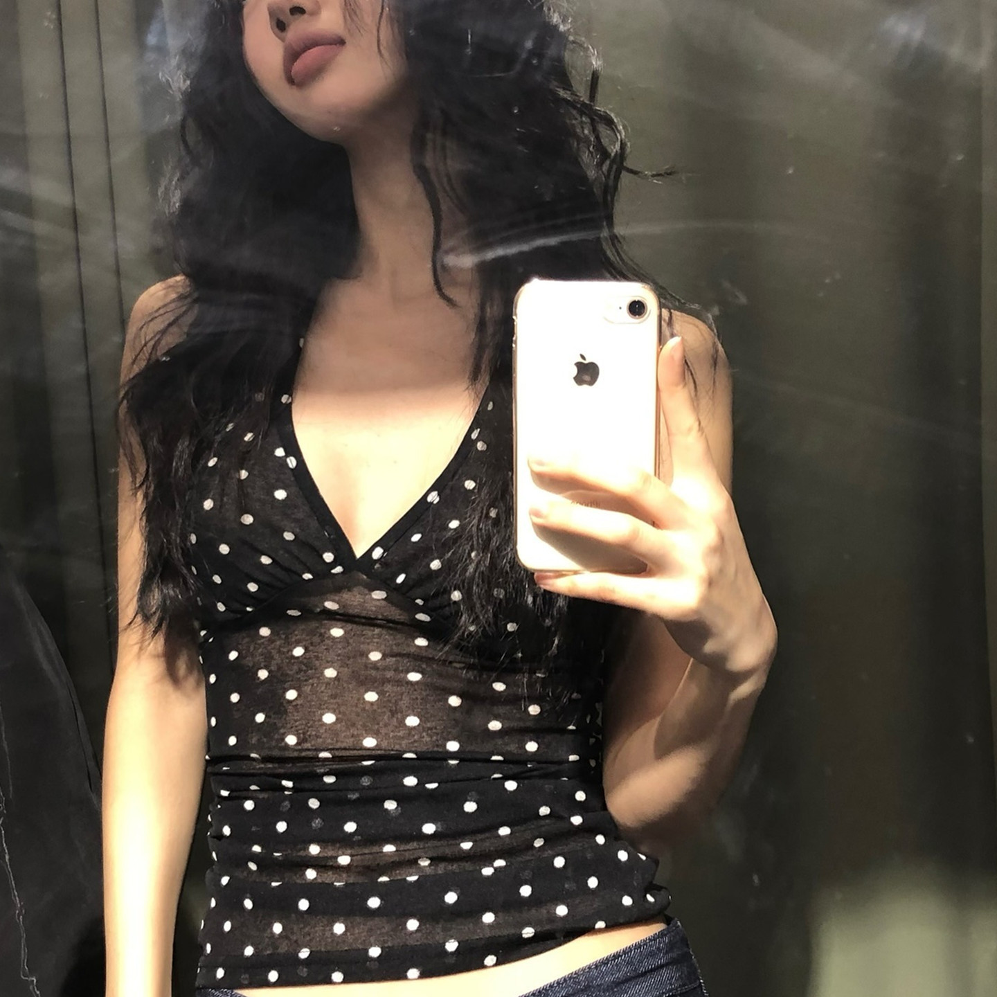 纯欲风波点印花V领挂脖背心