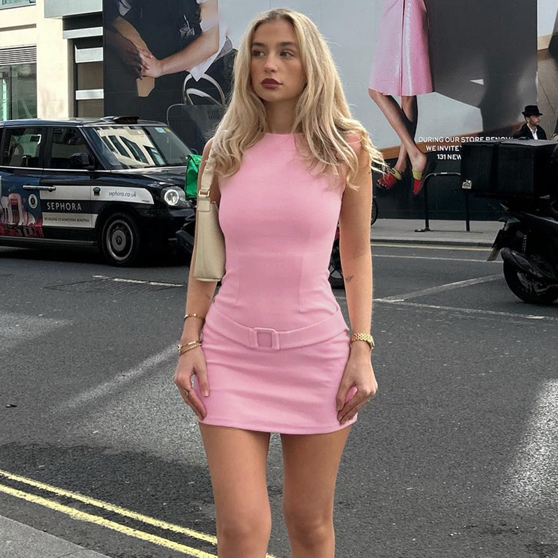 法式少女粉色气质无袖连衣裙