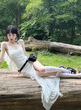 纯欲风白色网纱透视吊带连衣裙海边度假旅游bi备性感包臀开叉长裙