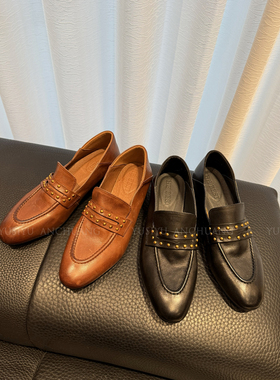 YUSI雨丝家~头层牛皮~铆钉小皮鞋女单鞋春秋老钱风英伦复古乐福鞋