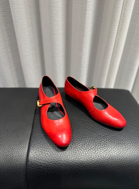 YUSI法式气质平跟玛丽珍鞋红色百搭浅口单鞋女春夏四季牛皮小皮鞋