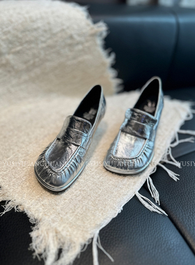 YUSI老钱风早春金银色斜方头中跟乐福鞋女摔纹牛皮单鞋英伦小皮鞋