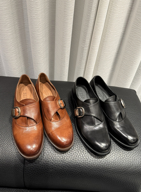 YUSI雨丝~牛皮~春秋真皮乐福鞋粗跟单鞋百搭皮带扣英伦复古小皮鞋