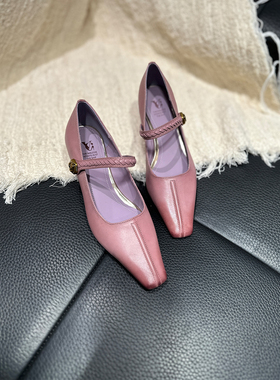 YUSI法式方头一字扣带玛丽珍鞋浅口单鞋女春夏复古粗跟舒服不累脚