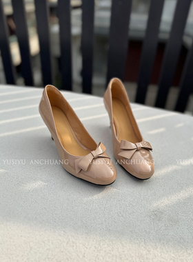 YUSI初恋女孩出口韩国蝴蝶结浅口单鞋女春夏裸色坡跟高跟鞋蝴蝶结