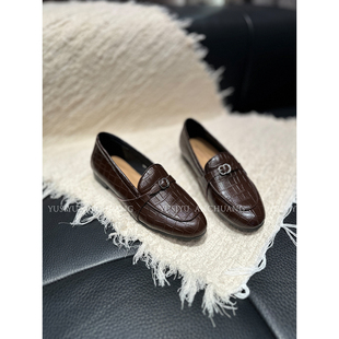 YUSI鳄鱼纹平底乐福鞋手工缝线真皮平底单鞋女春夏英伦风小皮鞋秋