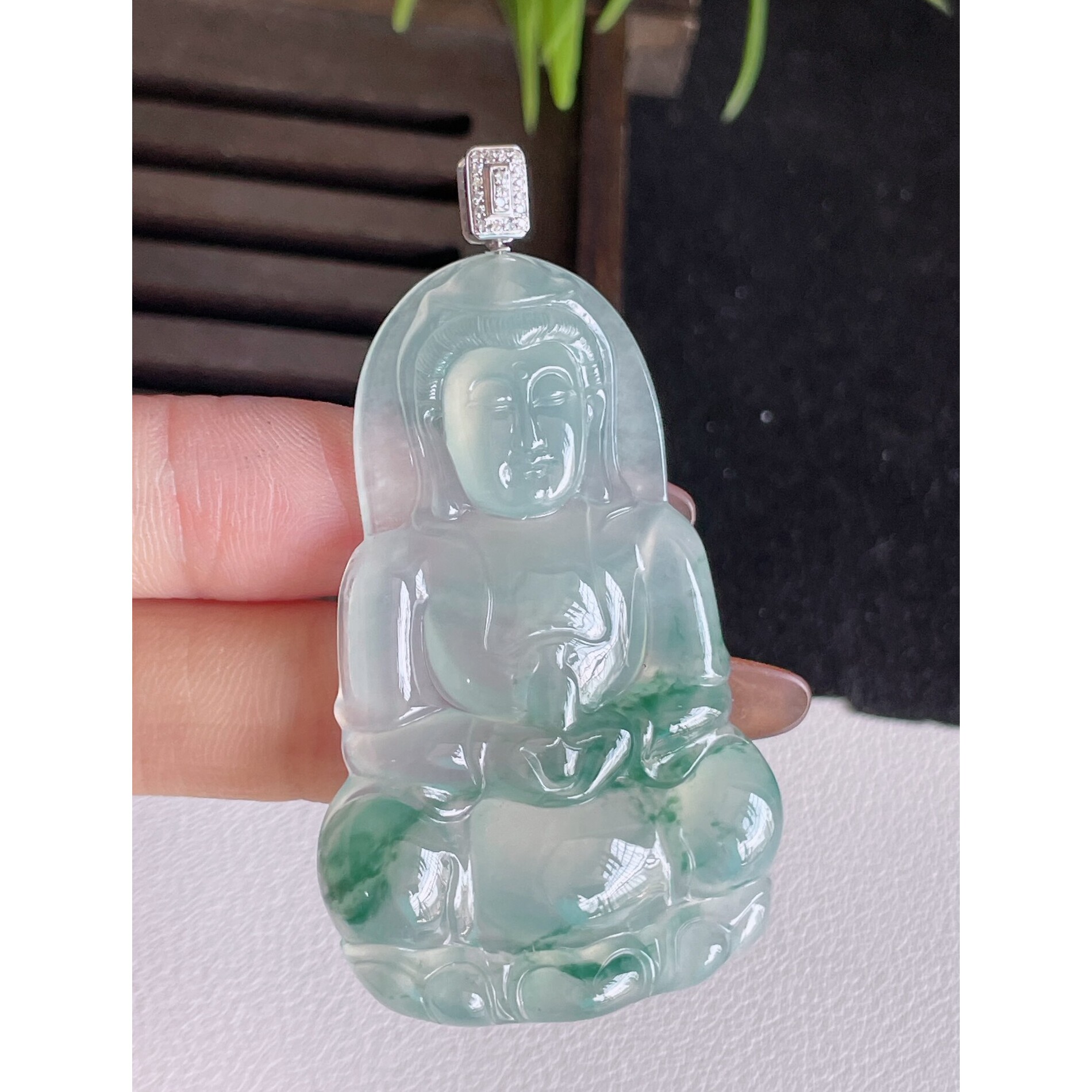 天然缅甸老坑翡翠a货18k金冰种飘花正装观音菩萨翡翠吊坠玉挂件