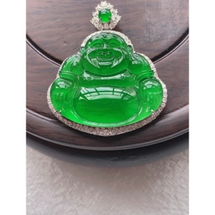 天然缅甸老坑翡翠a货18k金冰种满绿佛公翡翠吊坠玉挂件