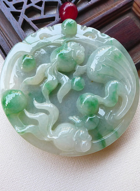 玉器之乡四会缅甸天然翡翠玉A货老坑精雕连年有余翡翠吊坠  F02