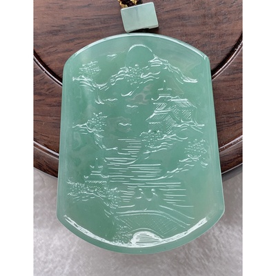 正品翡翠a货冰种满绿山水牌吊坠