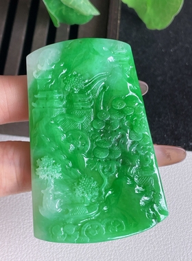 翡翠a货冰种满阳绿山水牌吊坠，尺寸64.3-42.8-6.3，重量:42.27g