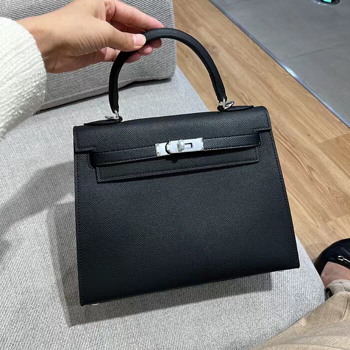 高档精品凯莉包纯皮黑色手掌纹手提包真皮欧美范气质单肩包斜挎包