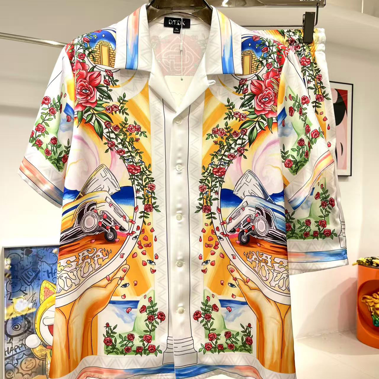 玫瑰贡缎睡衣男2025年夏季情侣高端假日风印花短袖家居服冰丝套装
