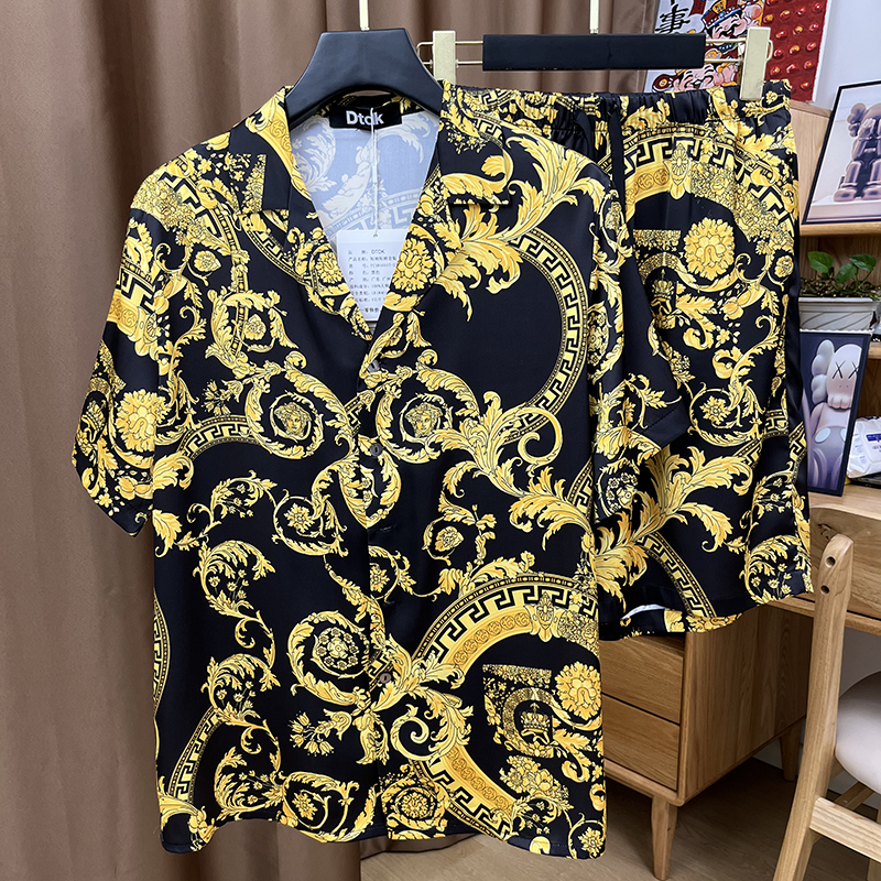 天绸丝睡衣男2024年新款夏季薄情侣鸠尾印花短袖家居服轻奢风套装
