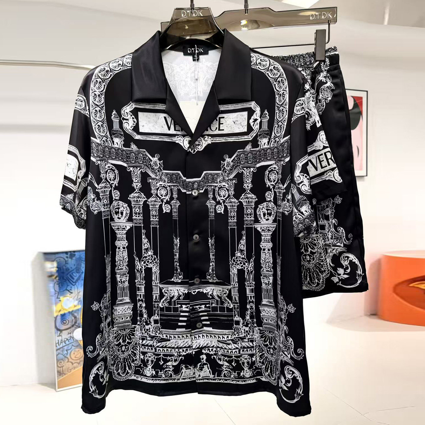 玫瑰贡缎睡衣男士新款夏季情侣高端度假风印花短袖家居服冰丝套装