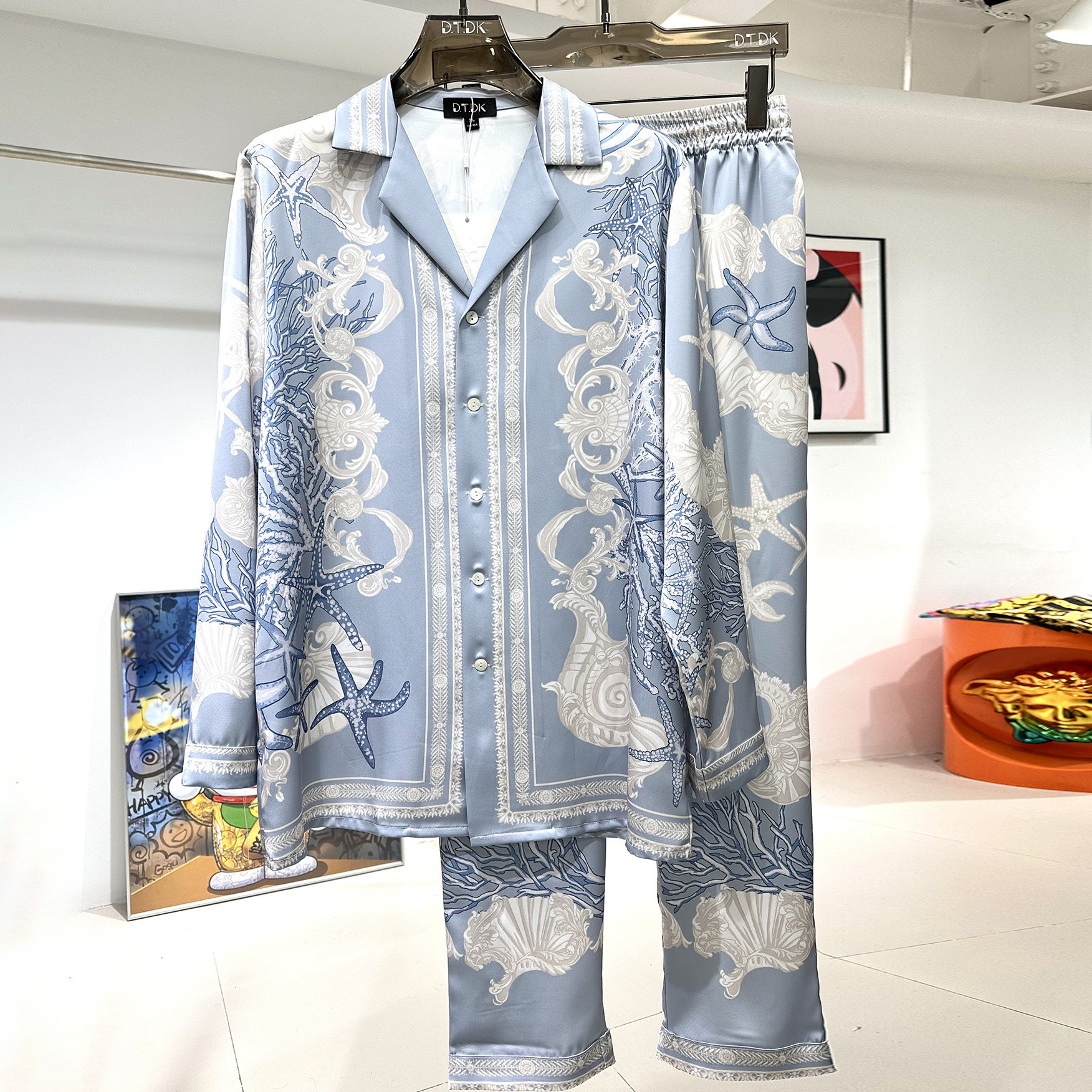 玫瑰贡缎睡衣男士新款春秋情侣高端度假风印花长袖家居服冰丝套装