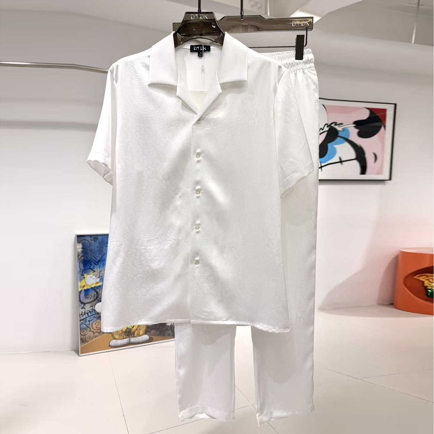 玫瑰贡缎睡衣男新夏季情侣高端宫廷风印花短袖长裤家居服冰丝套装