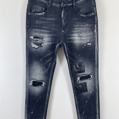 6096四季Dsquared2牛仔裤男装磨破洞补丁小脚黑色D2牛仔裤男