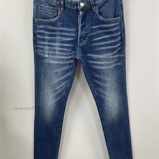 6046新款潮男枫叶刺绣磨破洞补丁油漆修身百搭小脚蓝色D2牛仔裤男