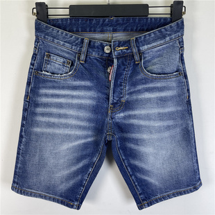 D604夏Dsquared2牛仔裤男装D2磨破洞补丁油漆百搭蓝色牛仔短裤男