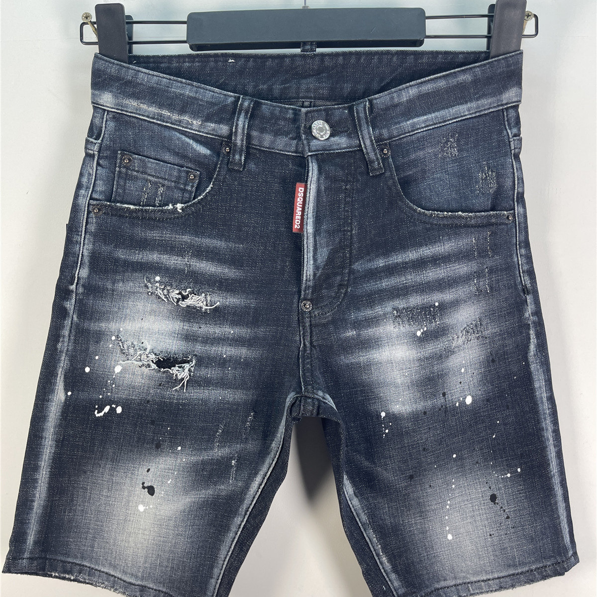 D612夏Dsquared2牛仔裤男装D2破洞补丁拉链修身微弹黑色牛仔短裤