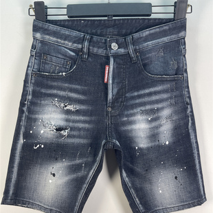 D612夏Dsquared2牛仔裤男装D2破洞补丁拉链修身微弹黑色牛仔短裤