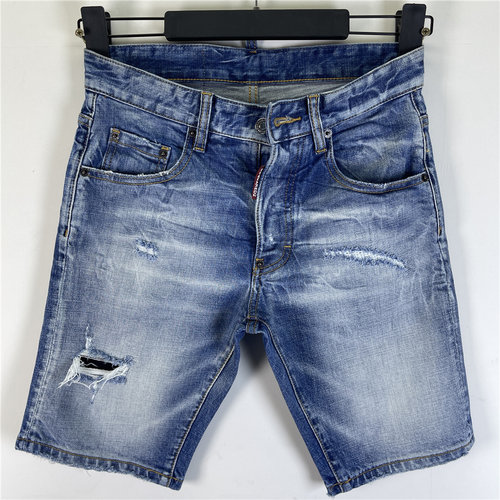D608夏Dsquared2牛仔裤男装D2磨破洞补丁修身破洞蓝色百搭短裤